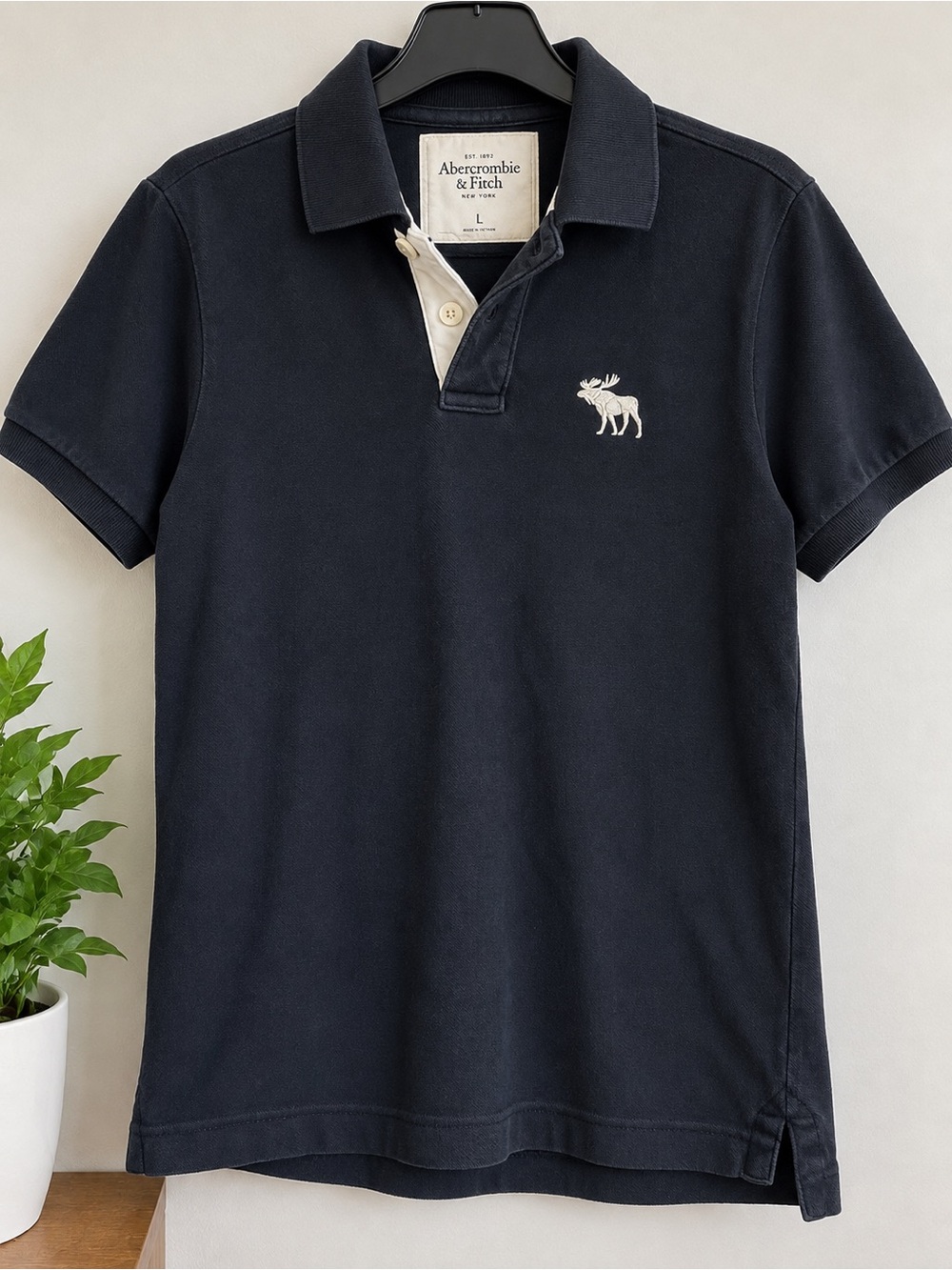 Abercrombie & Fitch Men's Dark Blue Polo with White Moose Logo